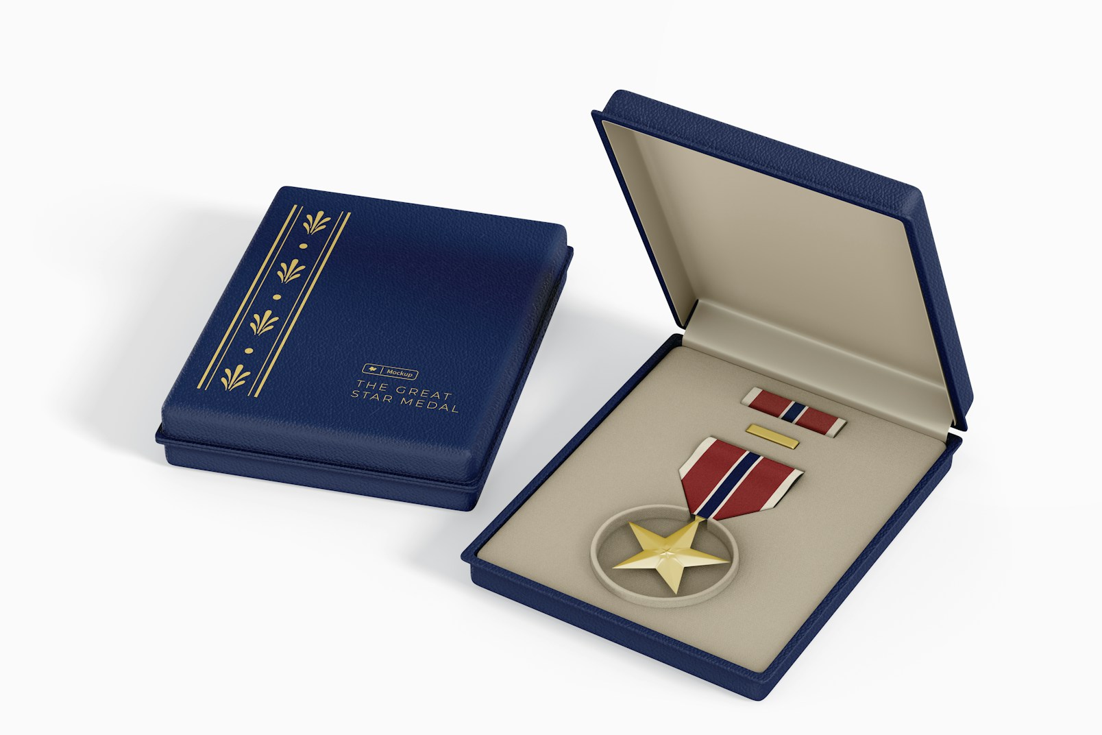Star Medal with Boxes Mockup, Opened and Closed
