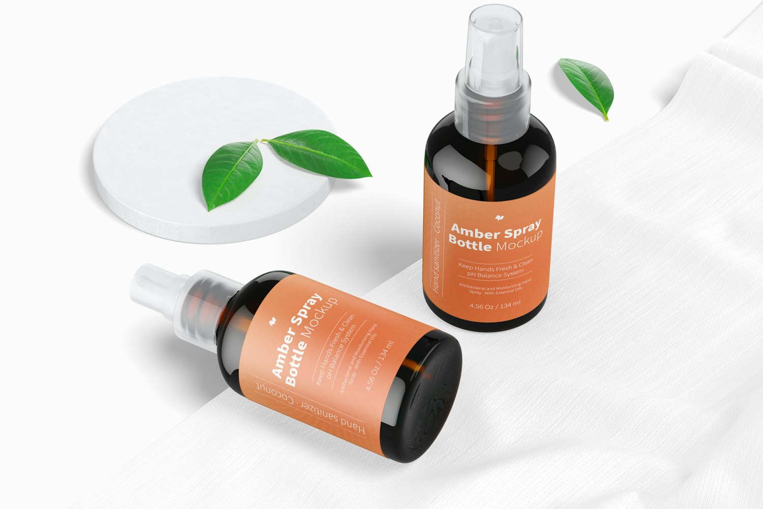 4.56 Oz Amber Spray Bottles Mockup, Dropped and Standing 4.56 Oz Amber Spray Bottles Mockup, Dropped and Standing