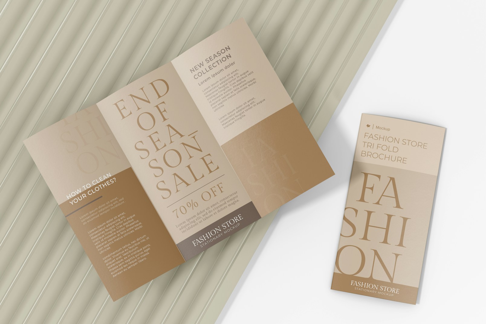 Fashion Store Tri Fold Brochure Mockup, on Podium