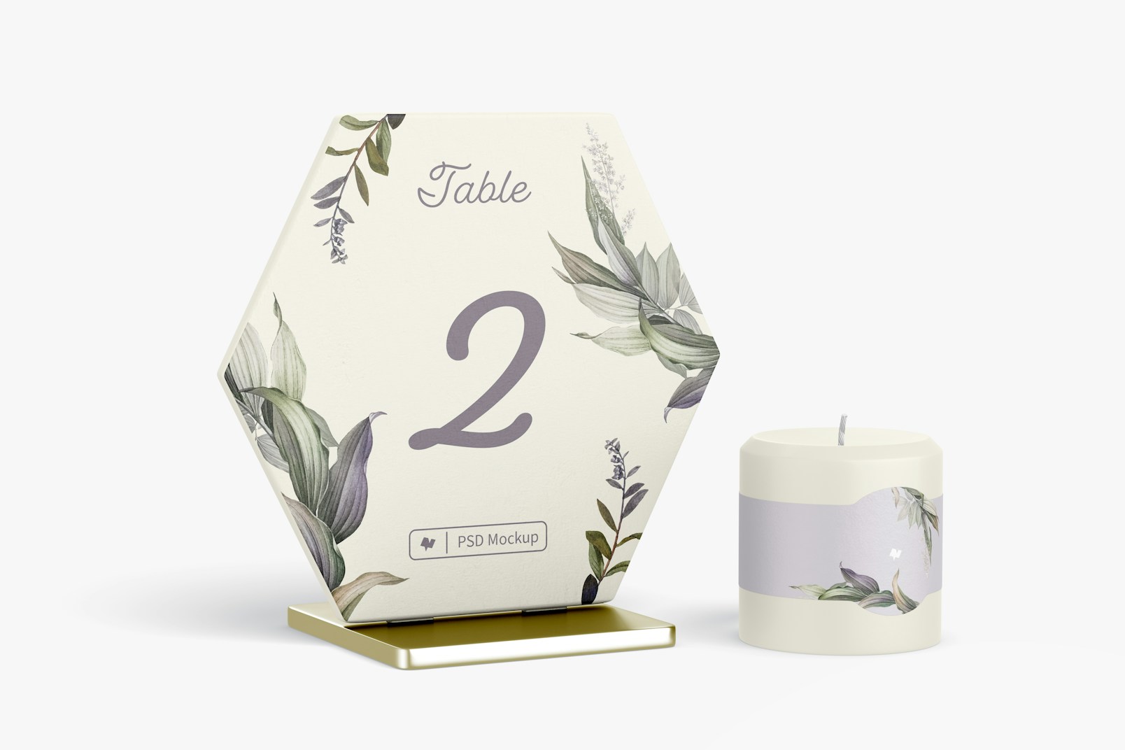 Hexagon Table Card Holder with Candle Mockup