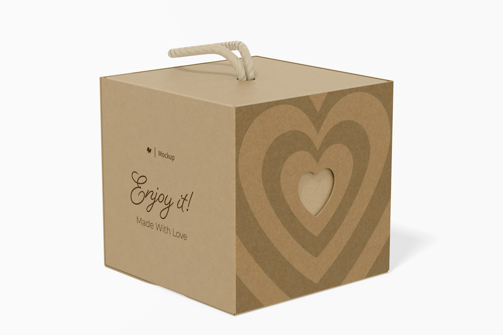 Kraft Cube Box With Heart Mockup, Perspective