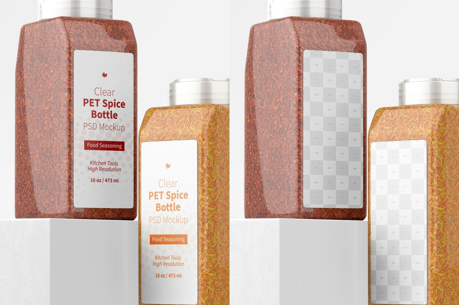 16 oz Clear PET Spice Bottles Mockup, Perspective