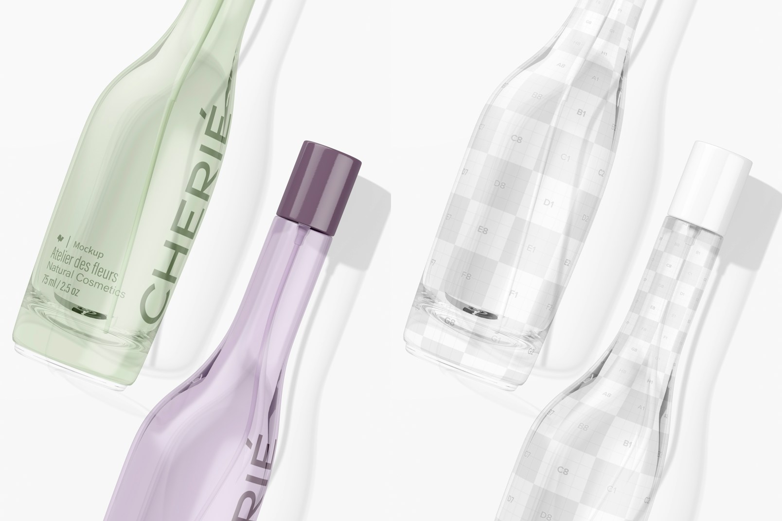 Asymmetrical Perfume Bottles Mockup, Close Up