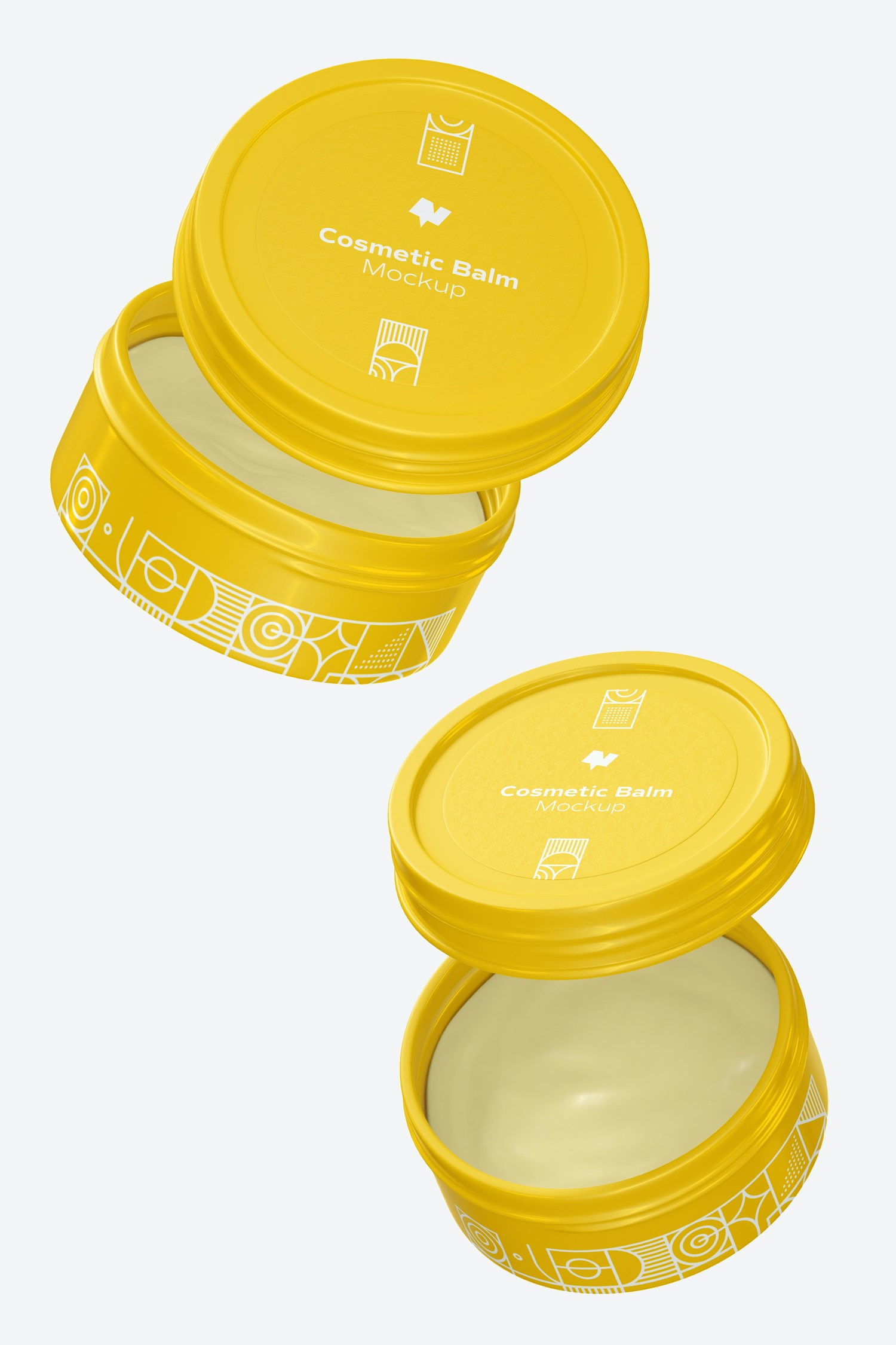 Metallic Cosmetic Balm Packaging Mockup, Floating Metallic Cosmetic Balm Packaging Mockup, Floating