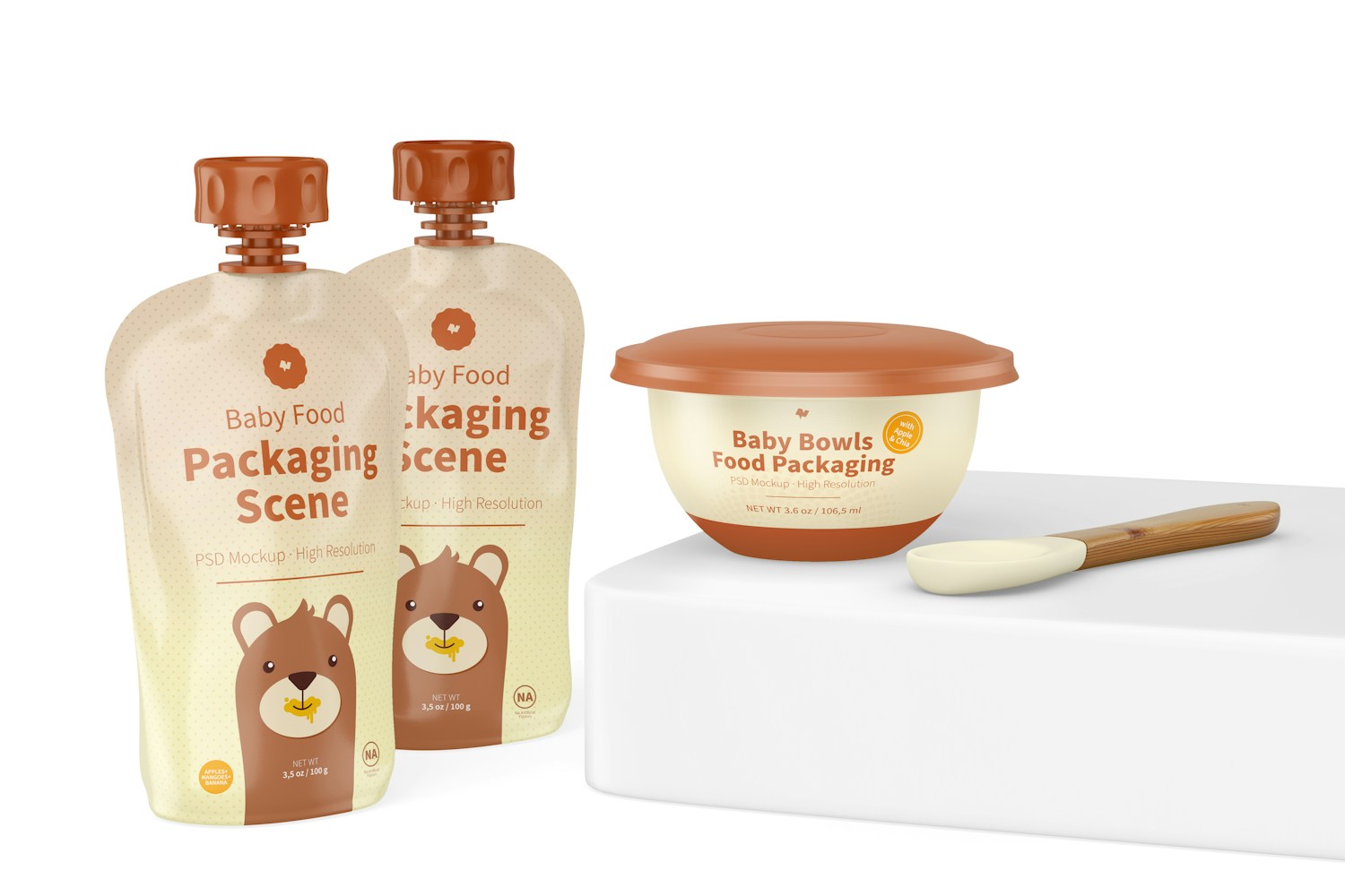 Baby Food Packaging Scene Mockup, Right View Baby Food Packaging Scene Mockup, Right View