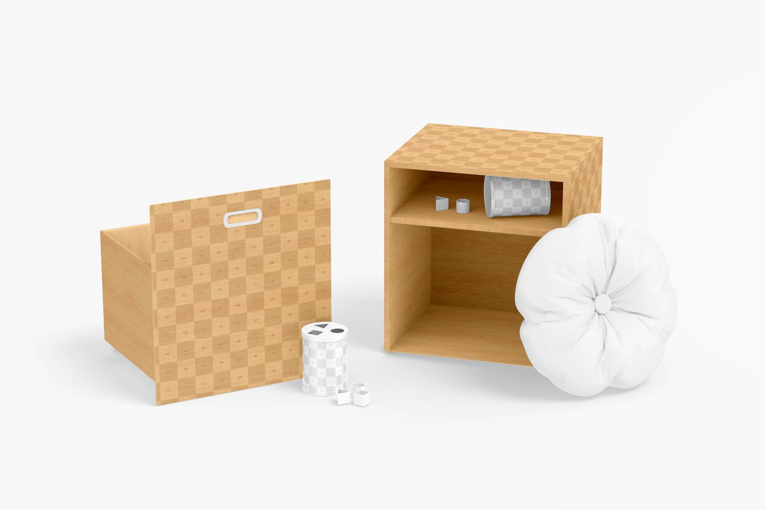 Wooden Toys Containers with Wheels with Pillow Mockup