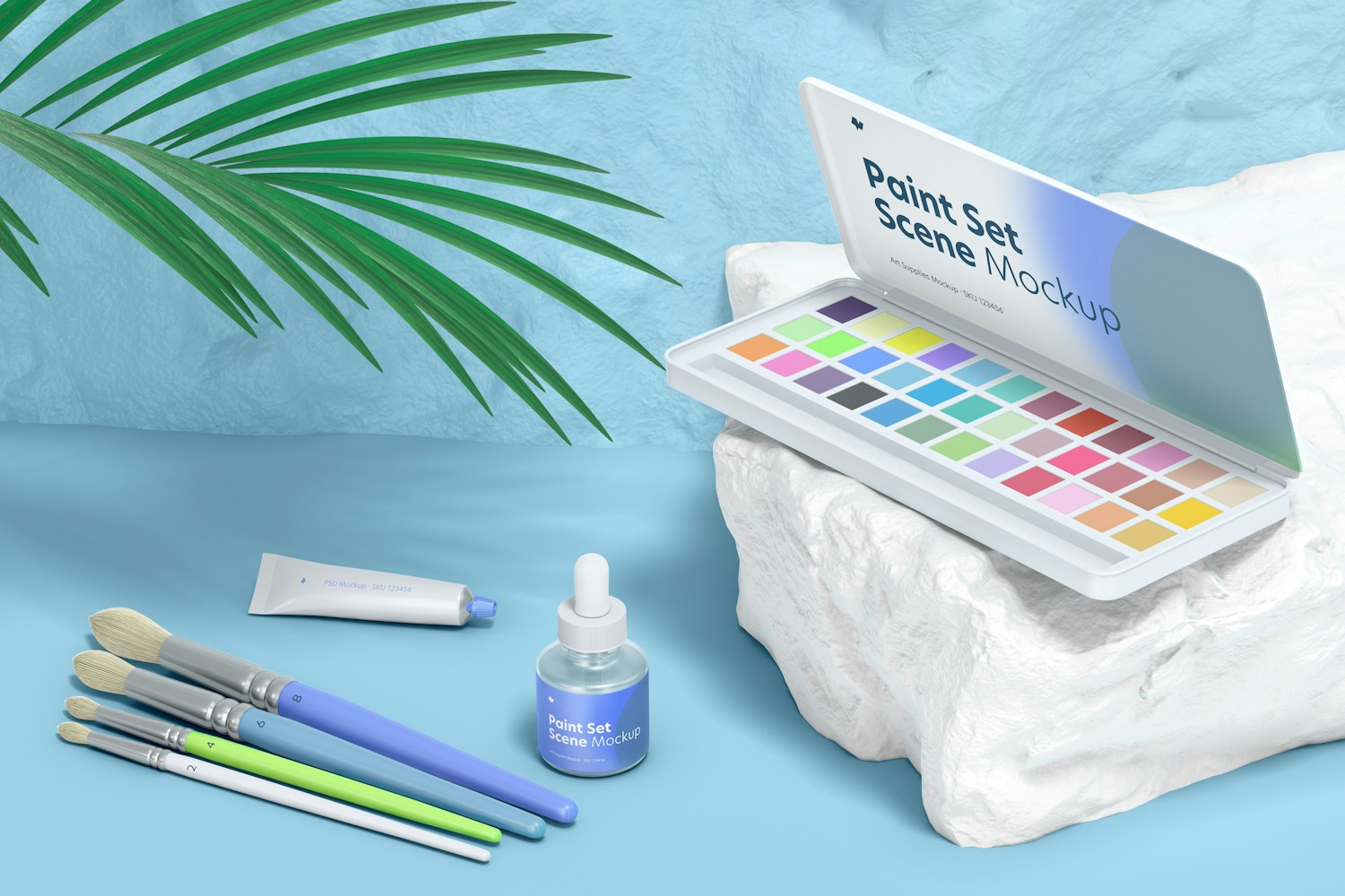 Paint Set Scene Mockup, Perspective Paint Set Scene Mockup, Perspective