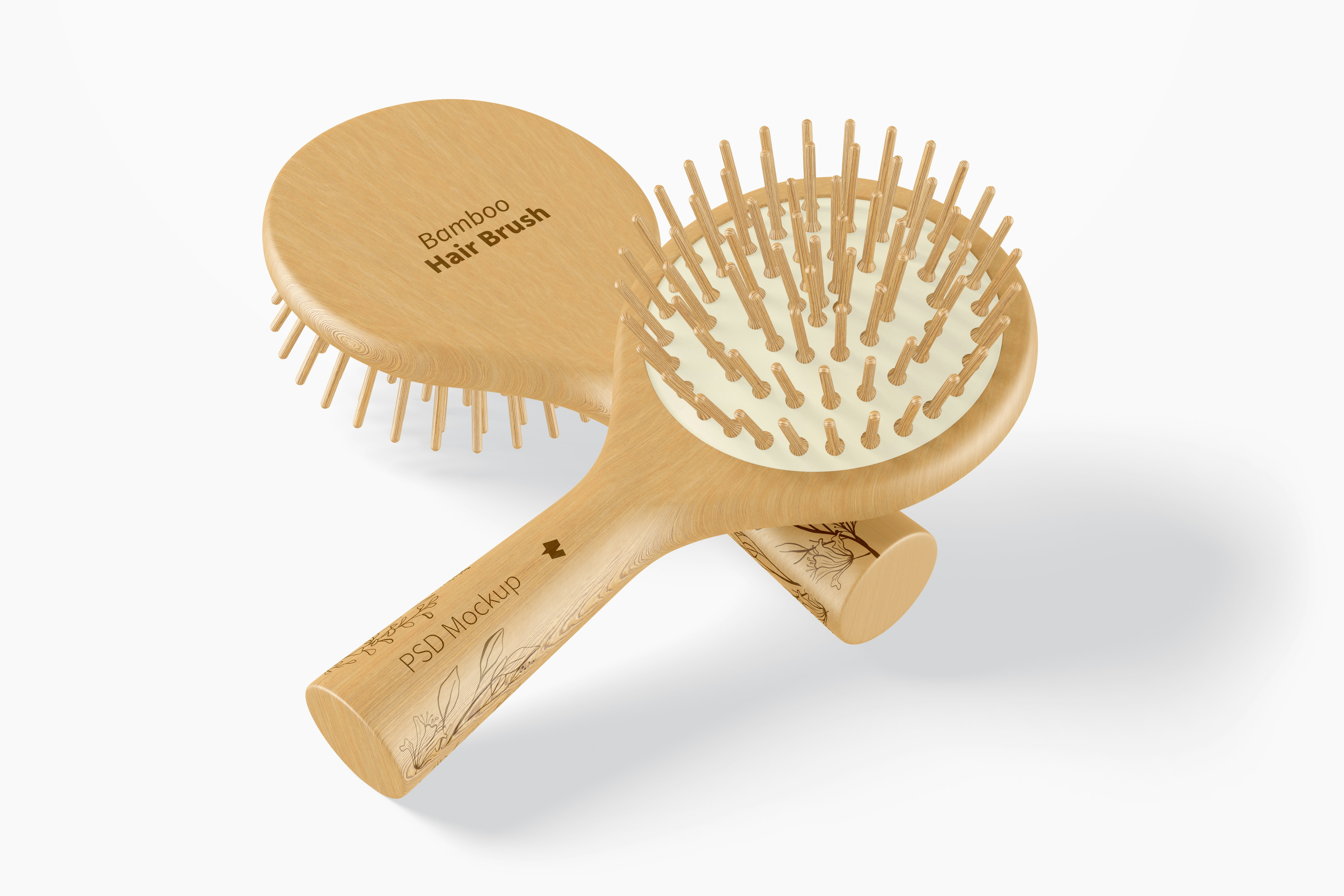 Round Bamboo Hair Brushes PSD Mockup, Leaned – Original Mockups