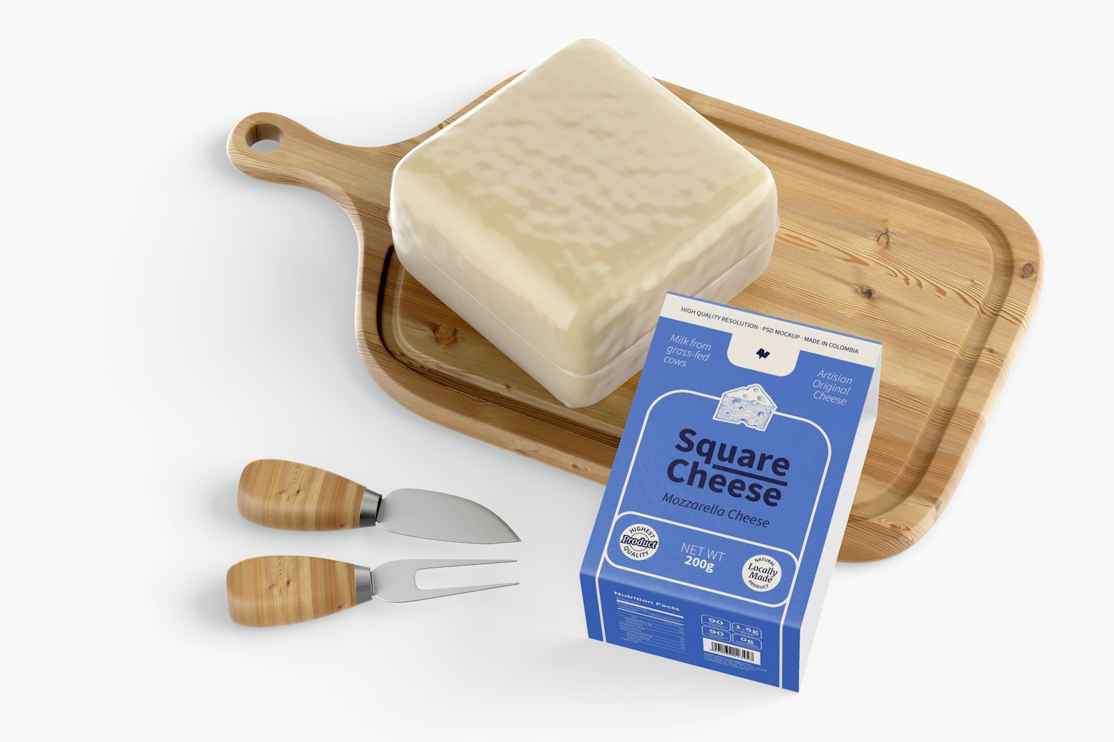 Square Cheese with Cheeseboard Mockup