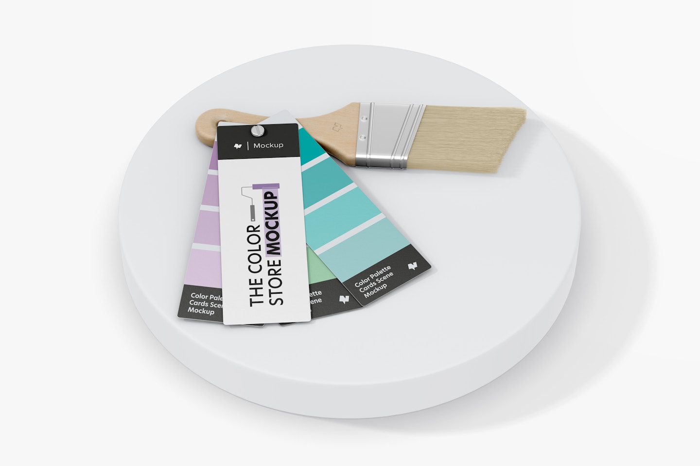 Color Palette Cards Scene PSD Mockup, with Podium – Original Mockups