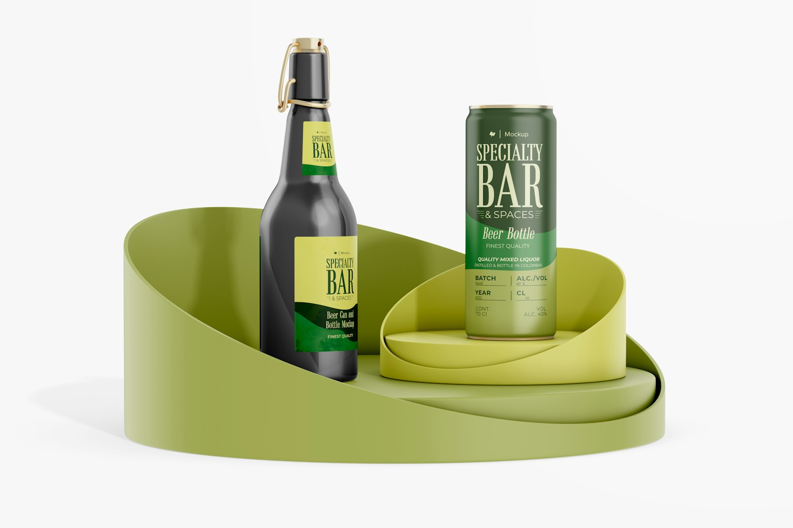 Beer Can and Bottle Mockup, on Podium