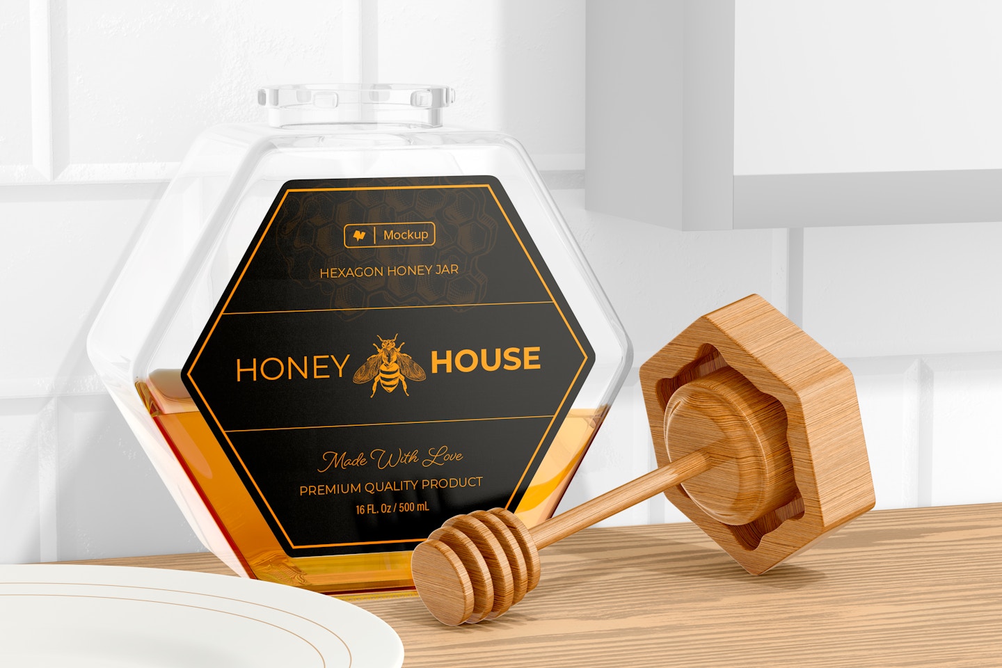 Hexagon Shaped Honey Jar Mockup, Opened