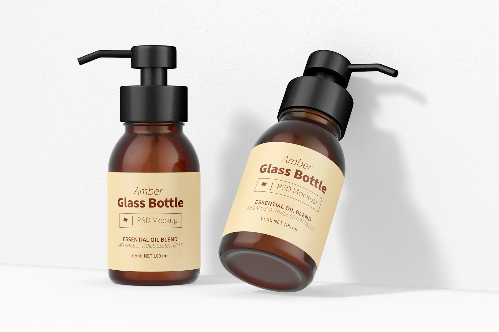 Amber Glass Bottles with Pump Mockup, Perspective