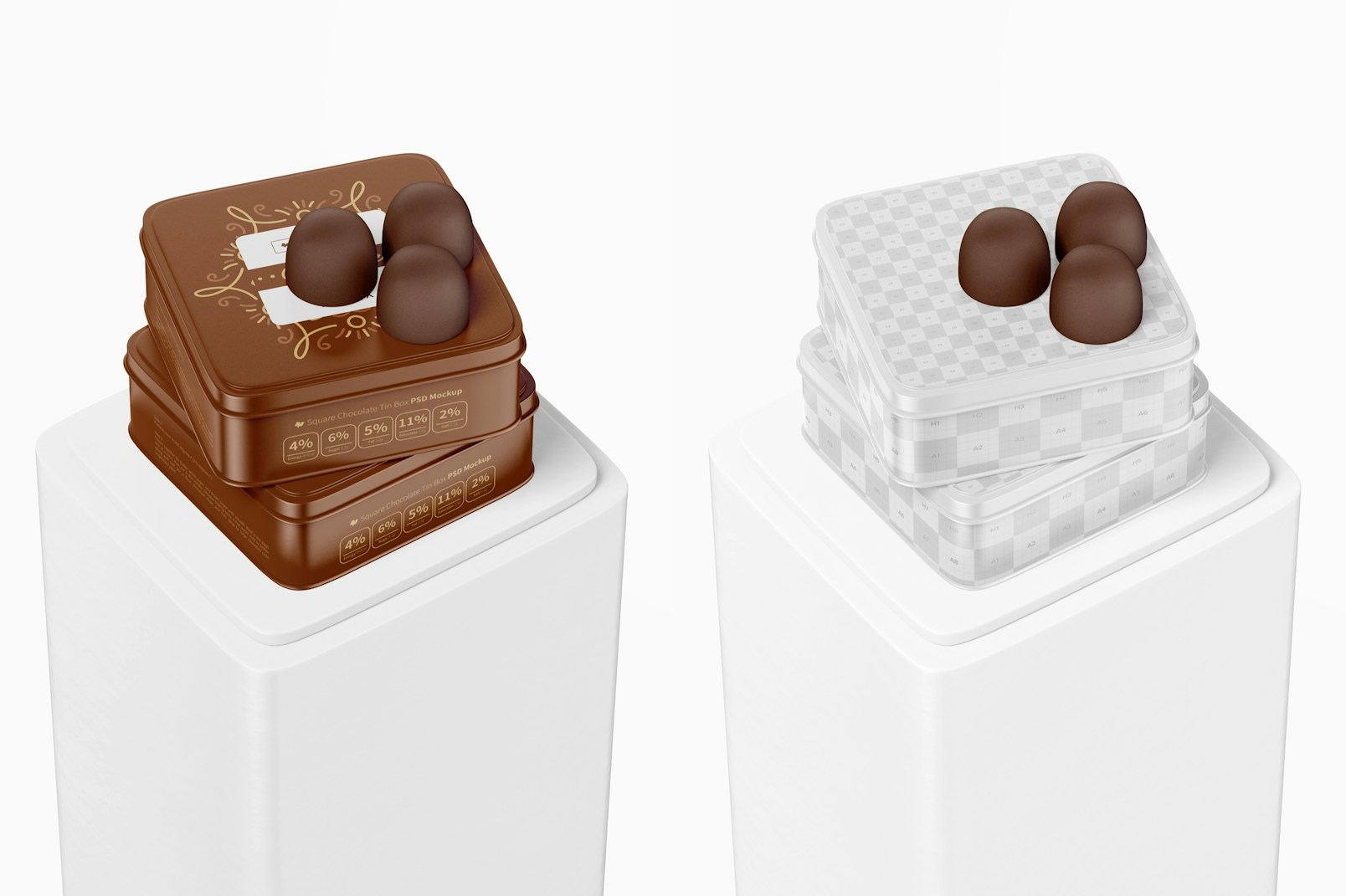 Square Chocolate Tin Boxes Mockup, Opened and Closed