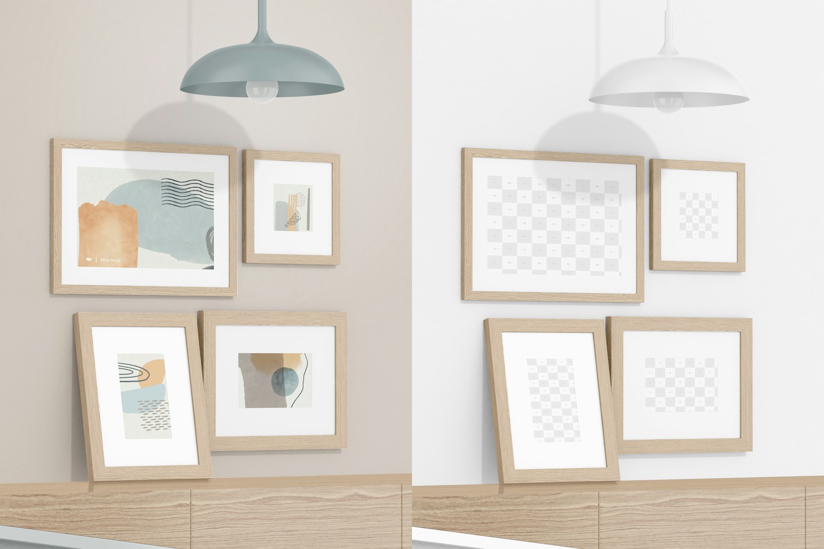 4 Gallery Frames with Lamp Mockup, Perspective