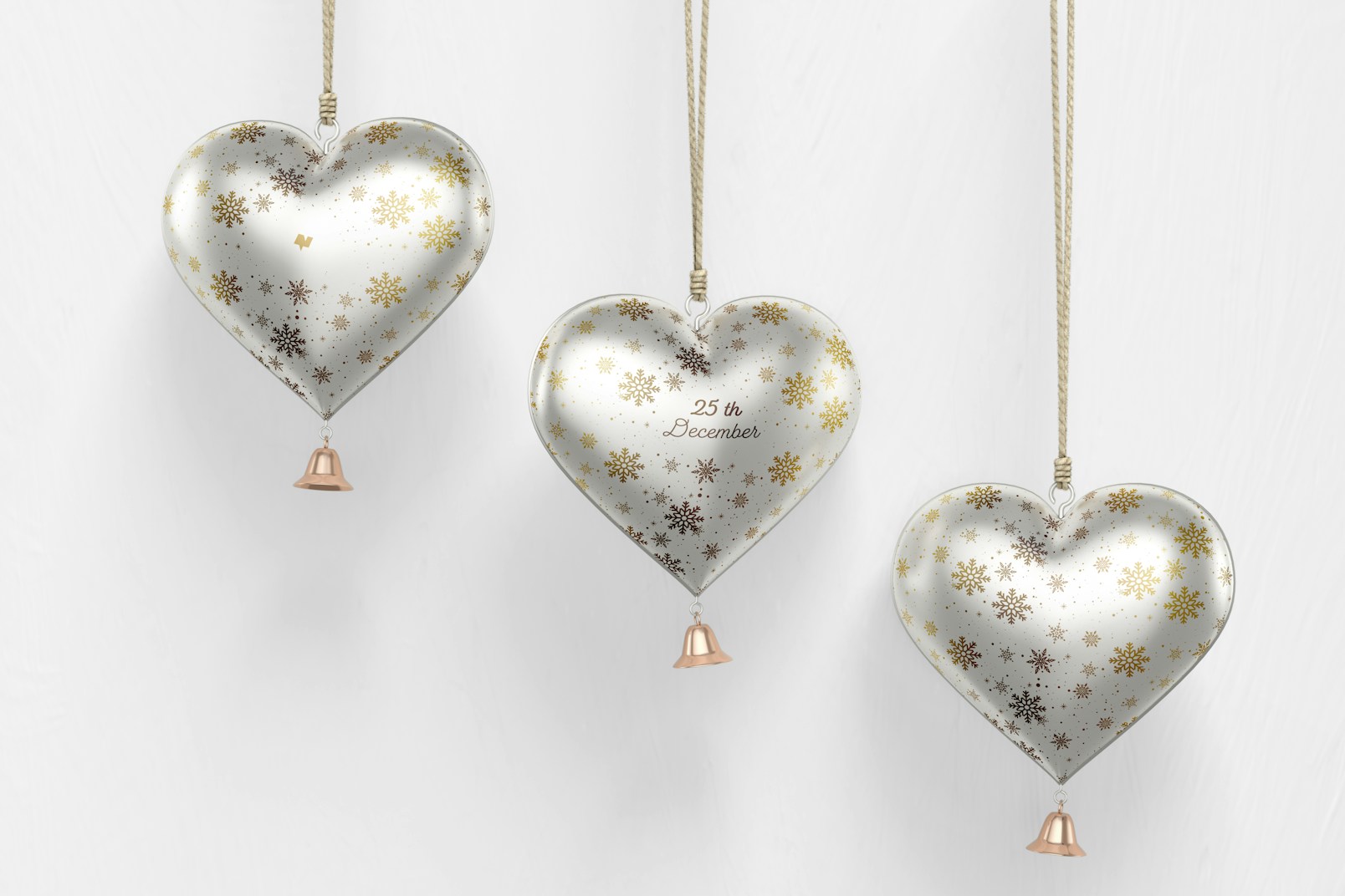 Metallic Hearts Christmas Ornament Mockup, Hanging