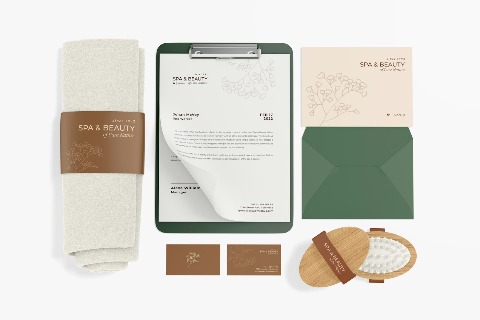 Spa and Beauty Stationery Scene Mockup, Top View