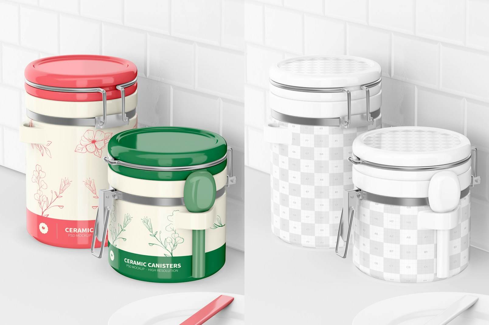 Ceramic Canisters with Spoon Mockup, Perspective