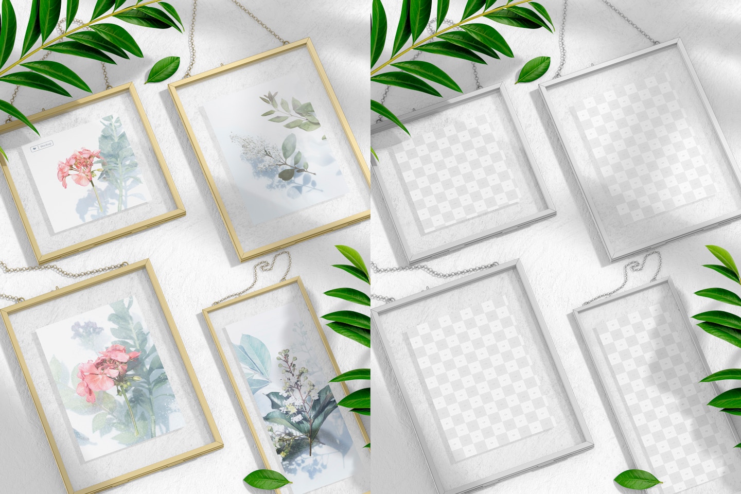 Glass And Metal Hanging Photo Frames Mockup, Perspective