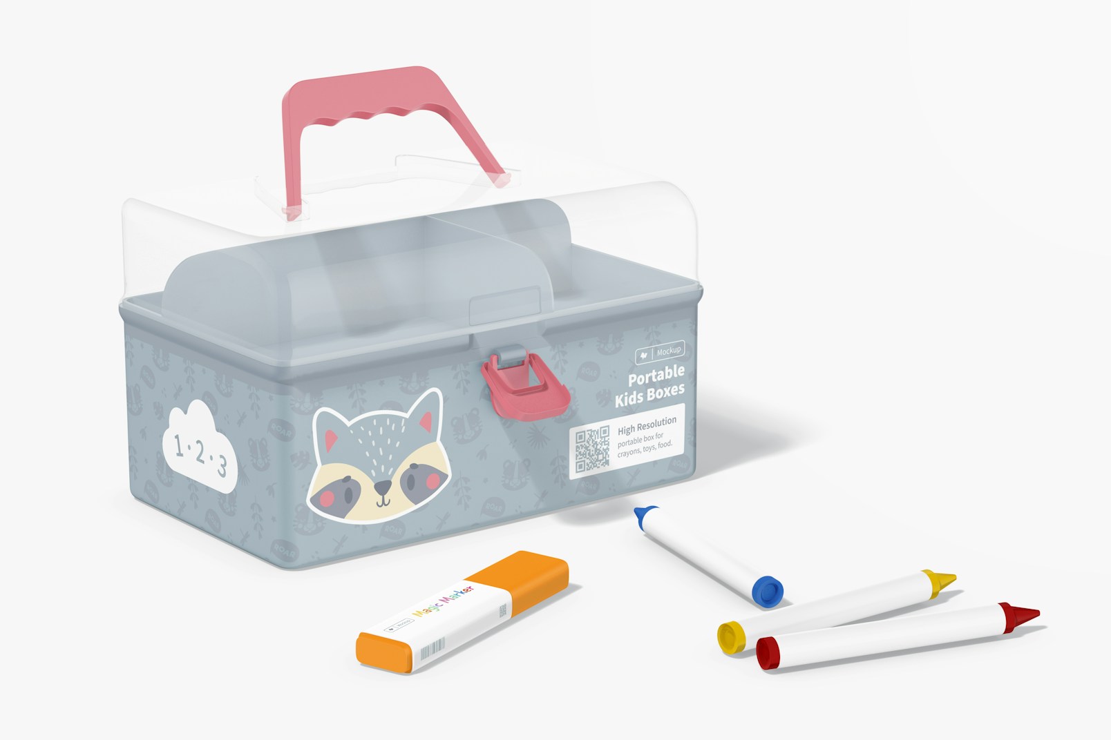Portable Kids Box Mockup, with Crayons
