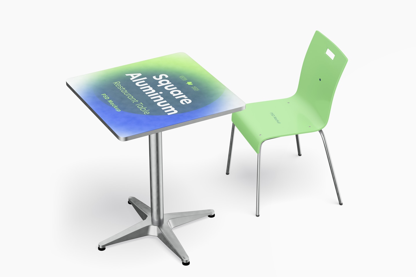Square Aluminum Restaurant Table with Chair Mockup