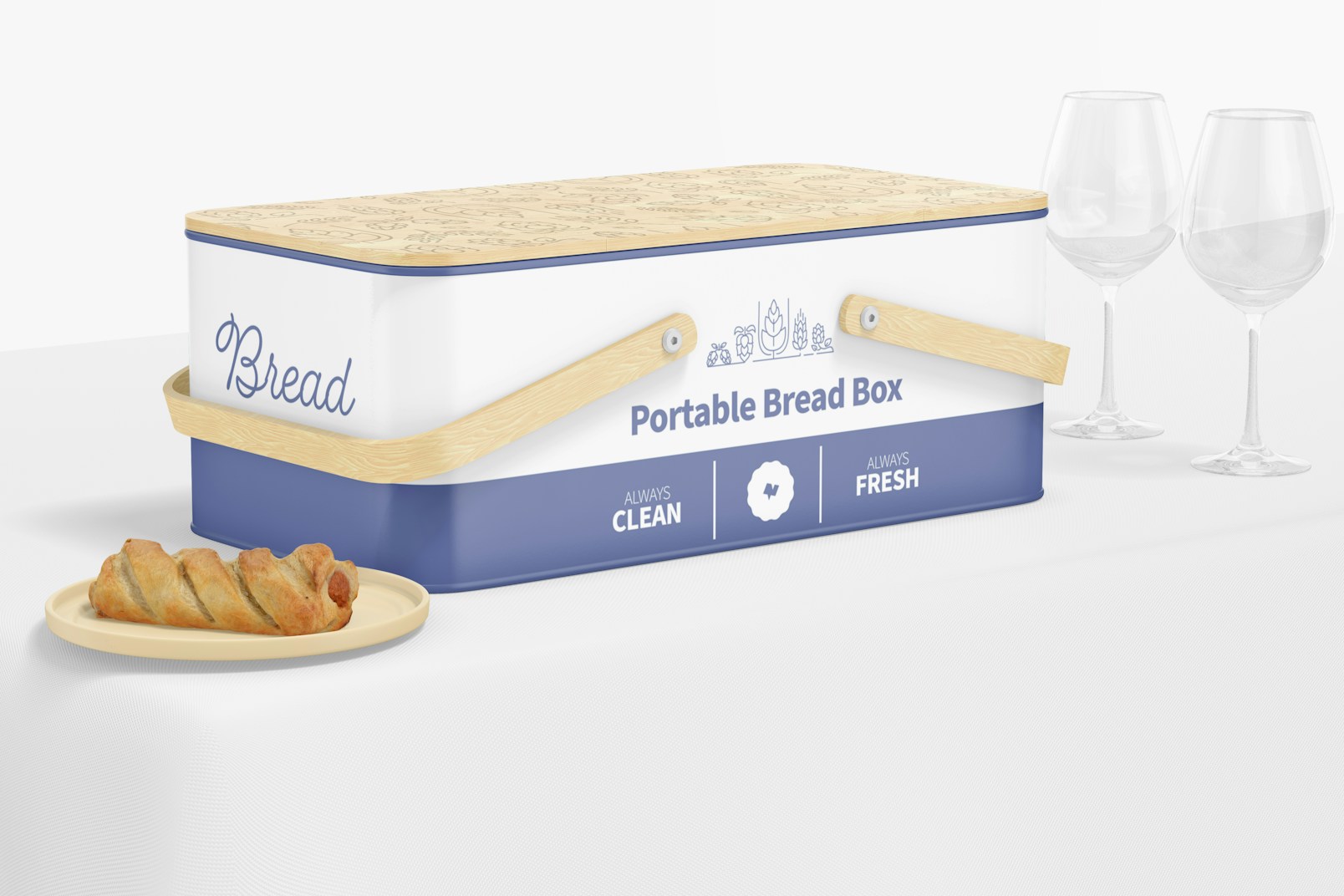 Portable Bread Box Mockup, with Wine Glasses