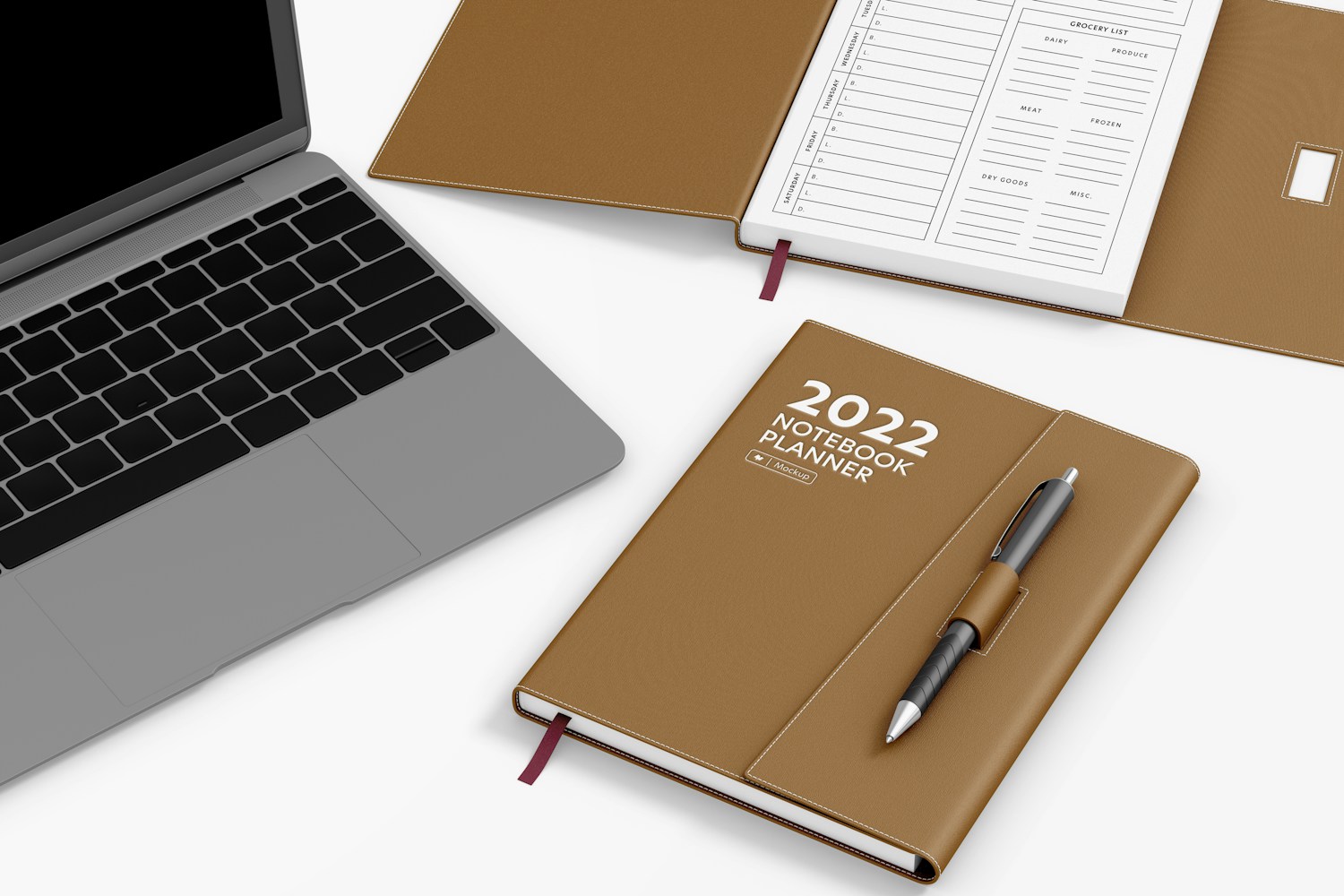 Notebook with Pen Holder Mockup, Perspective View Notebook with Pen Holder Mockup, Perspective View