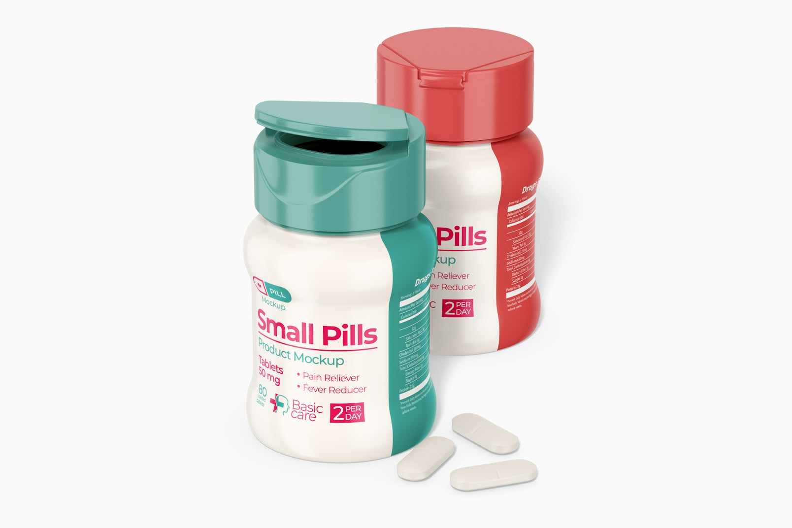 Small Pills Bottle Mockup, Front and Back View