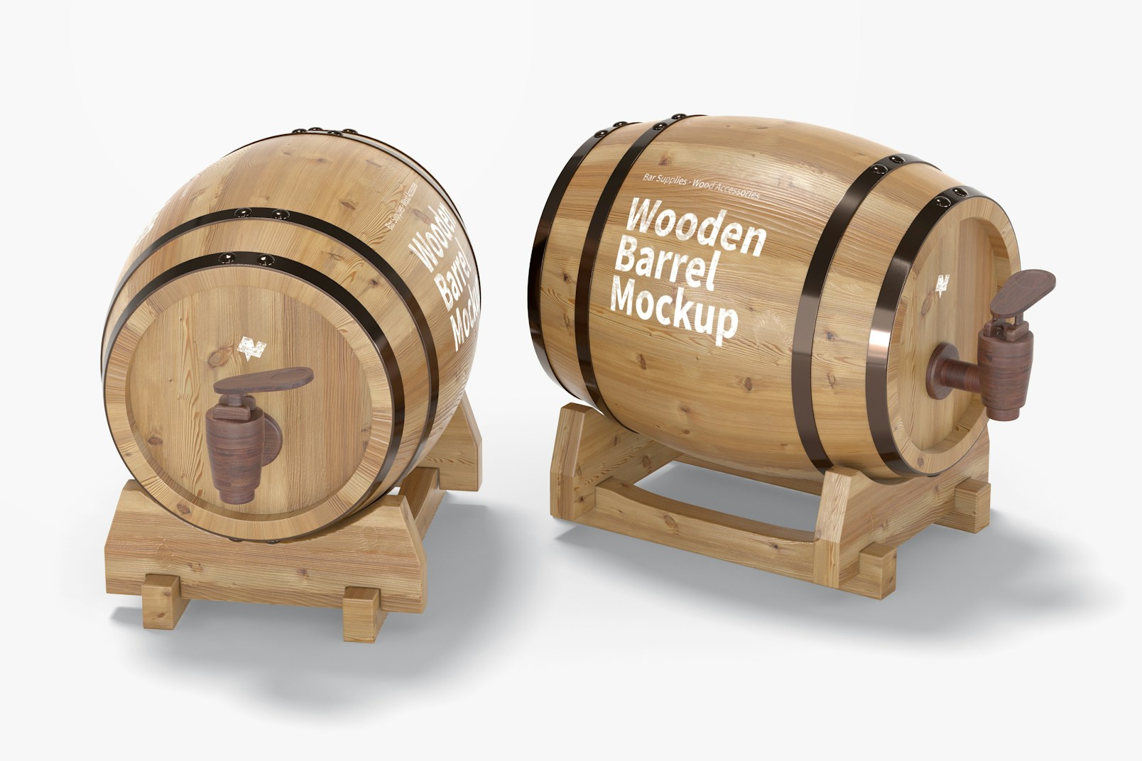 Wooden Barrels on Stand Mockup, Perspective