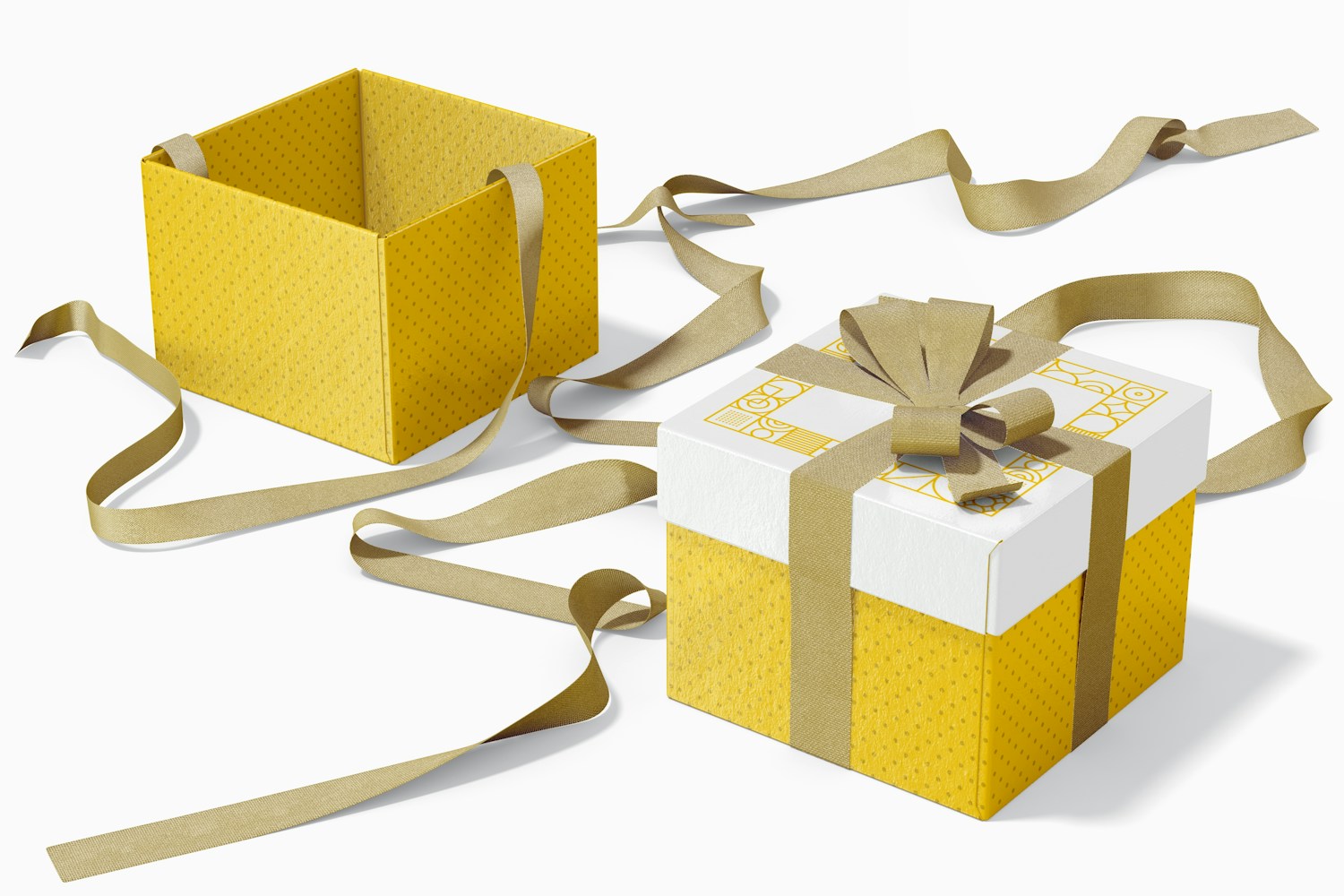 Cube Gift Boxes With Ribbon Mockup, Opened and Closed