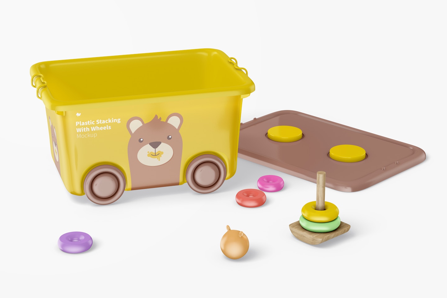 Plastic Stacking Bin with Wheels and Toys Mockup
