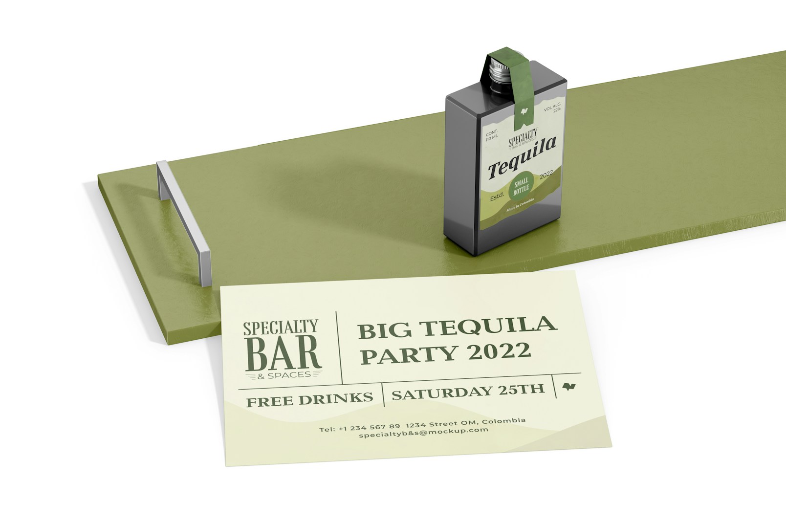 Small Tequila Bottle with Stationery Mockup, on Tray