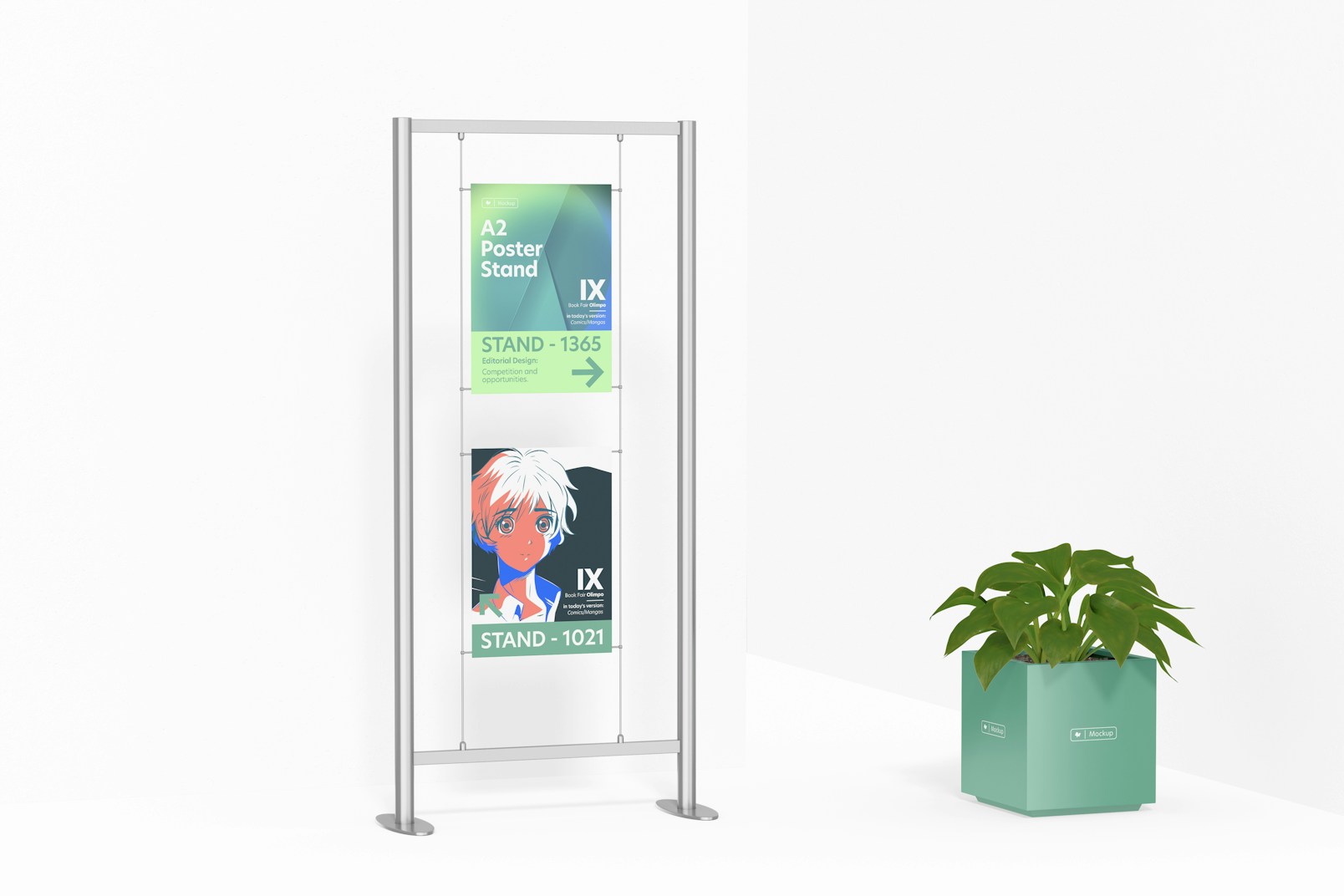 A2 Posters Stand with Square Plant Pot Mockup