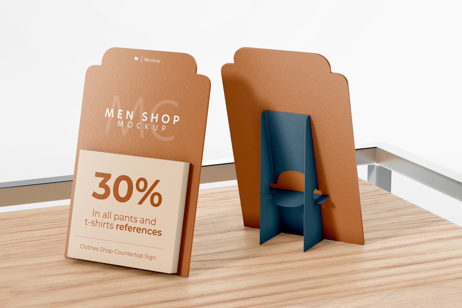 Clothes Shop Countertop Signs Mockup, on Surface