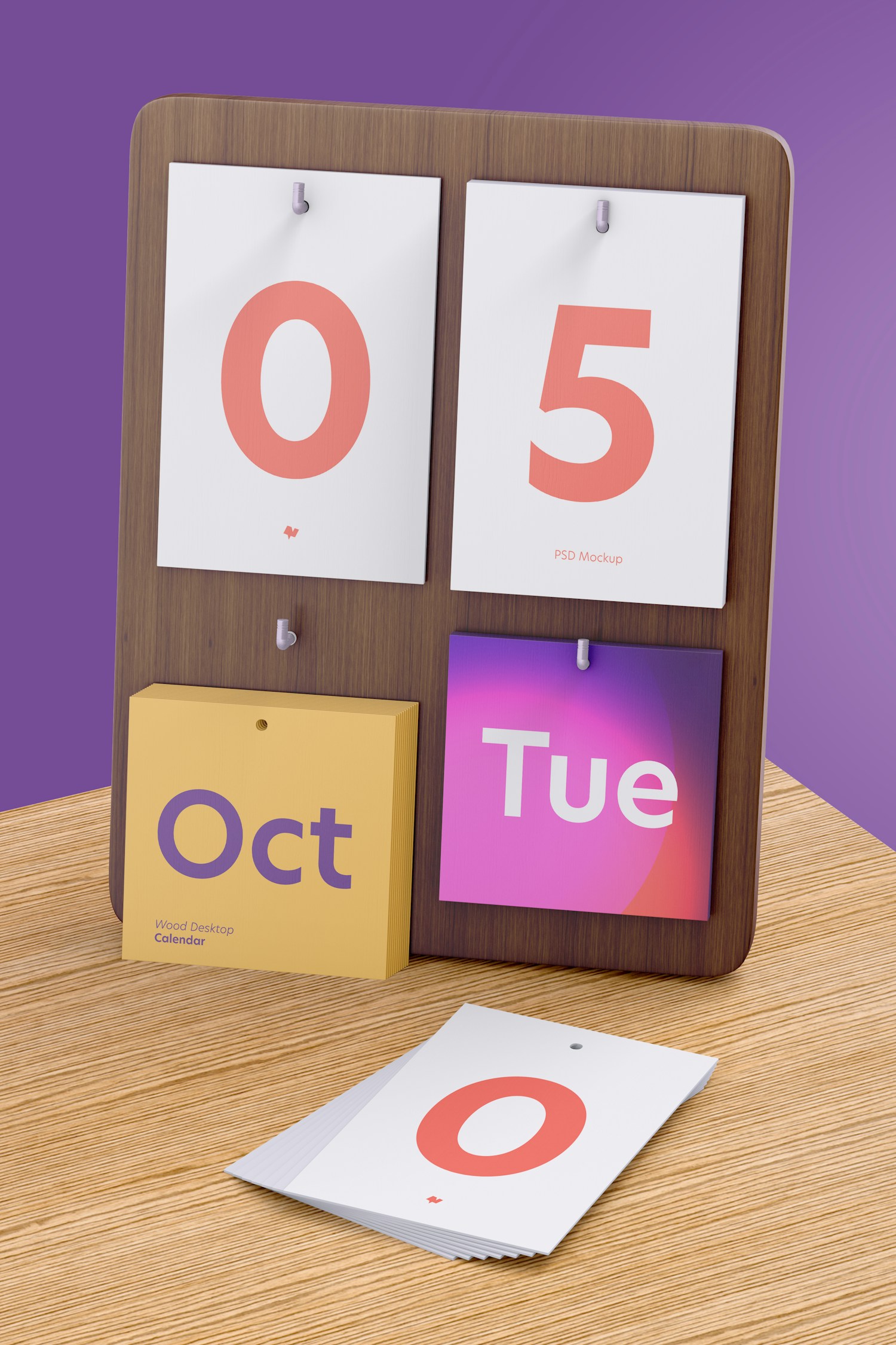 Wood Desktop Calendar on Table Mockup