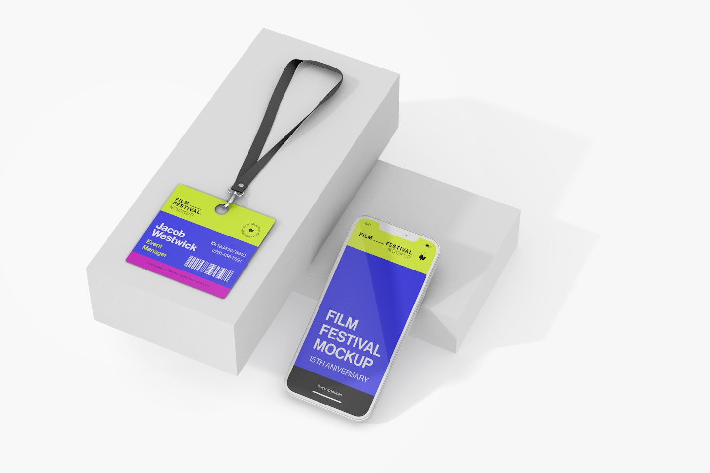 ID Card with Smartphone Mockup, on Podiums