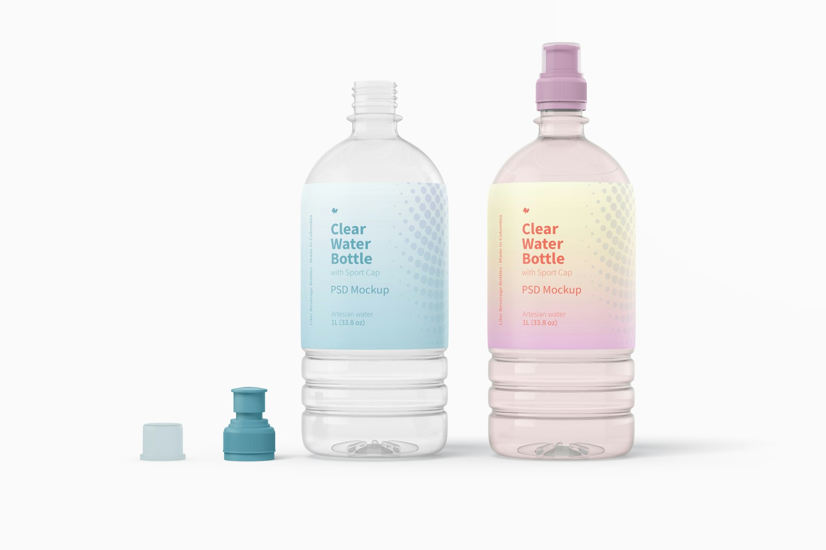 Water Bottles with Sport Cap Mockup, Opened and Closed