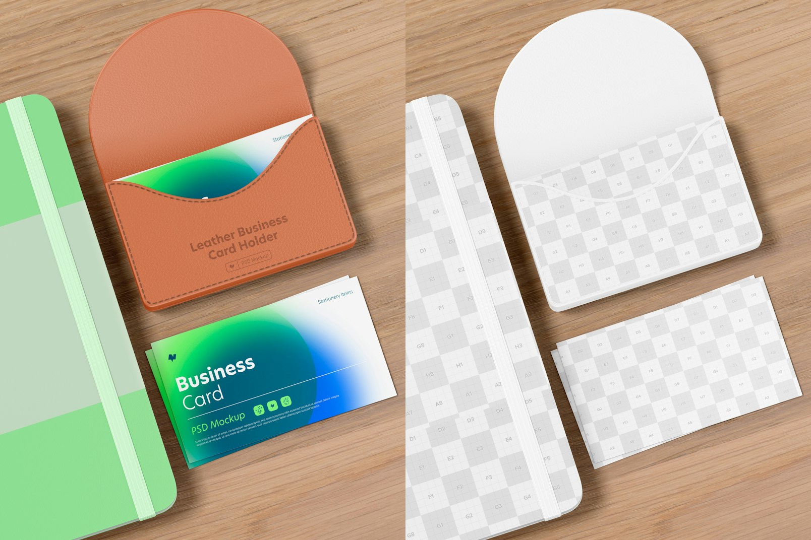 Leather Business Card Holder with Notebook Mockup