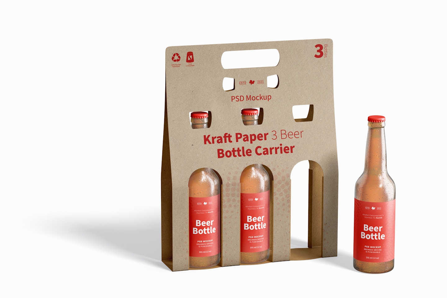 Kraft Paper 3 Beer Bottle Carrier Mockup