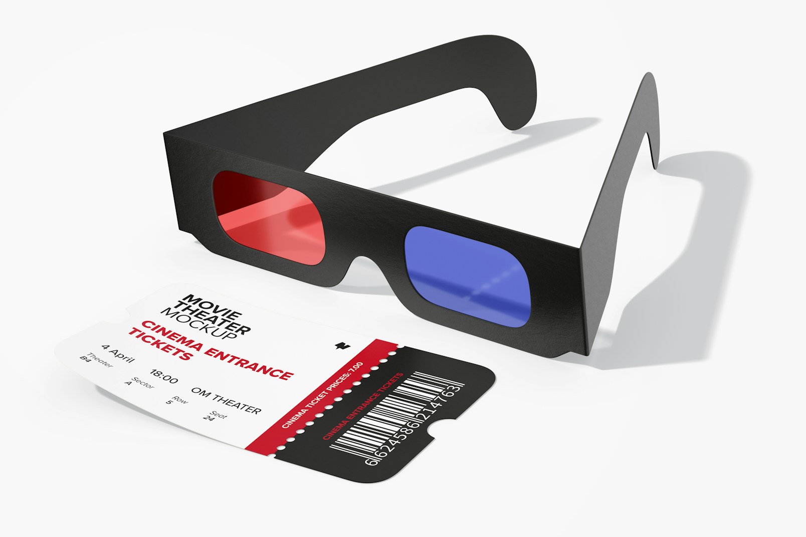 Cinema Entrance Ticket Mockup, with Glasses