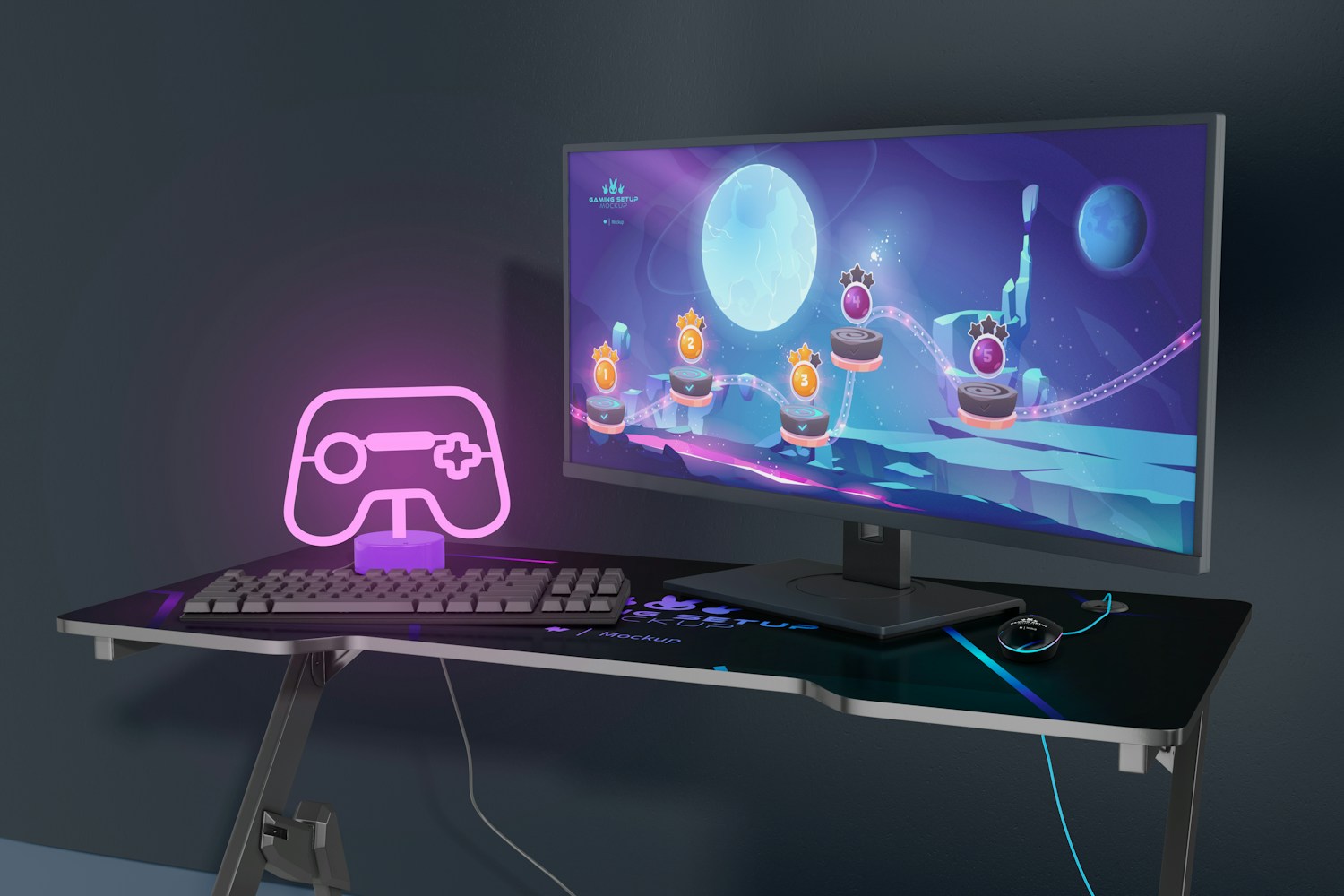 Gaming PC Setup Mockup, Right View Gaming PC Setup Mockup, Right View