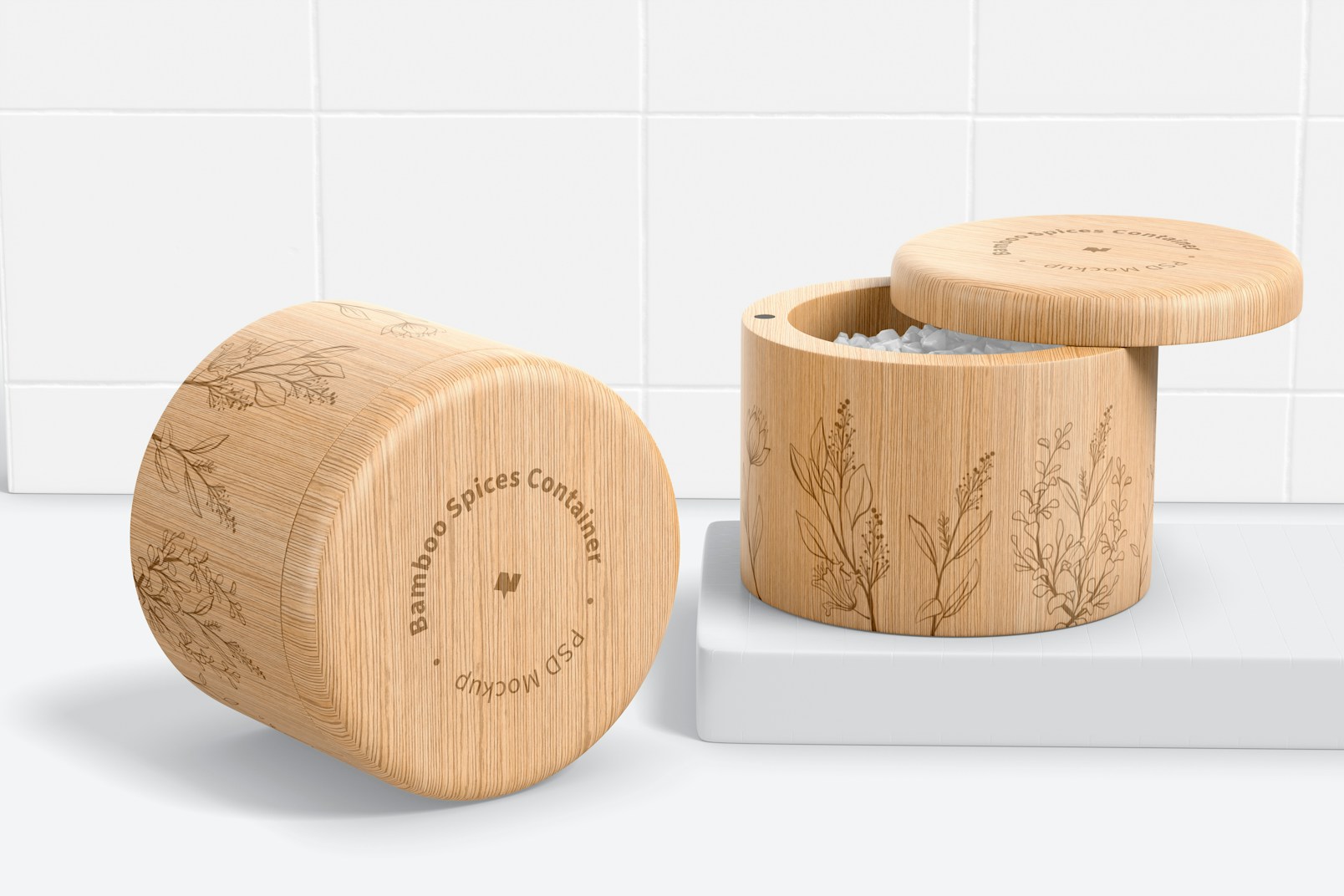 Bamboo Spices Containers Mockup, Dropped and Standing