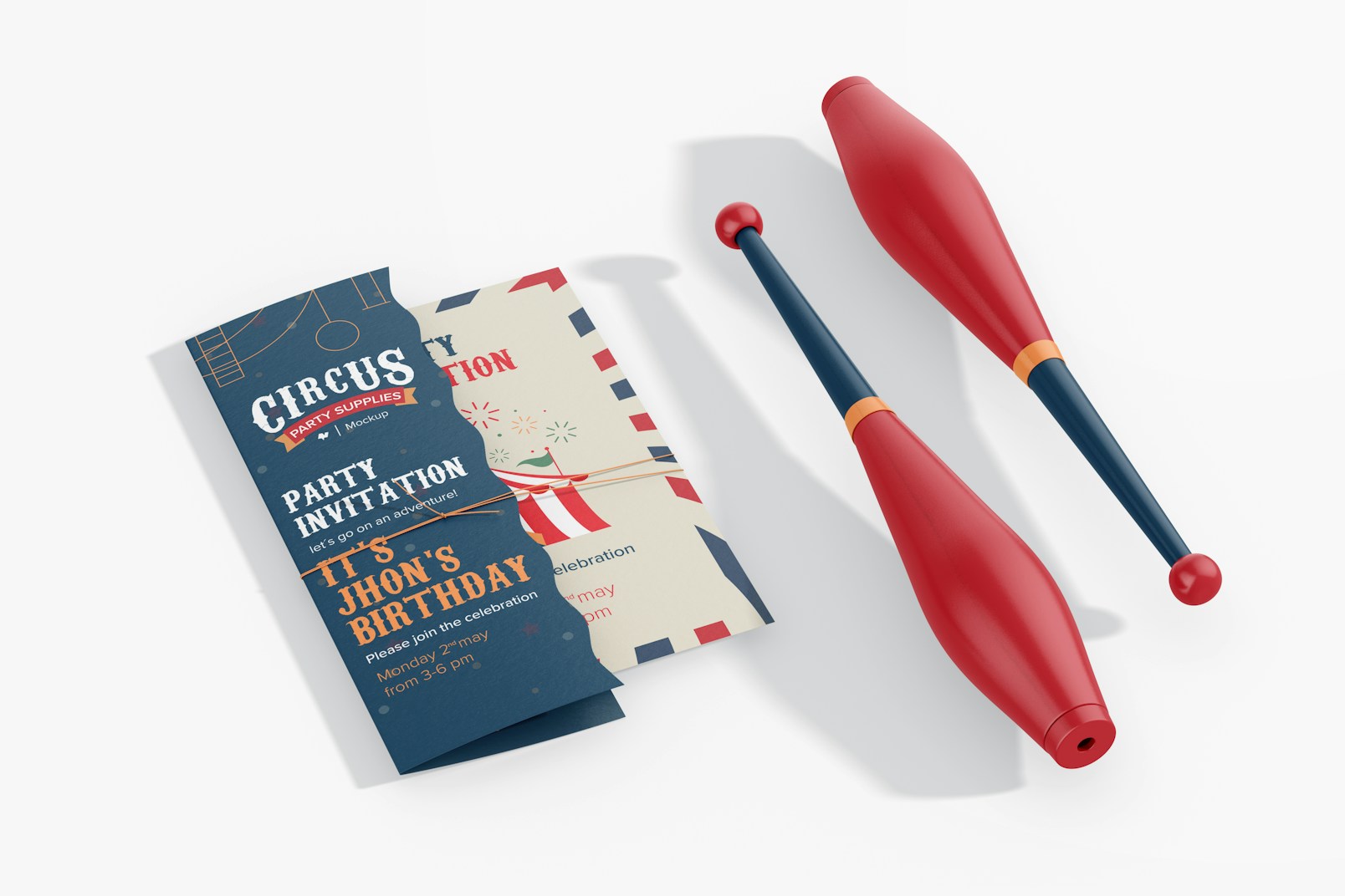 Circus Party Invitation Cards Mockup, Perspective