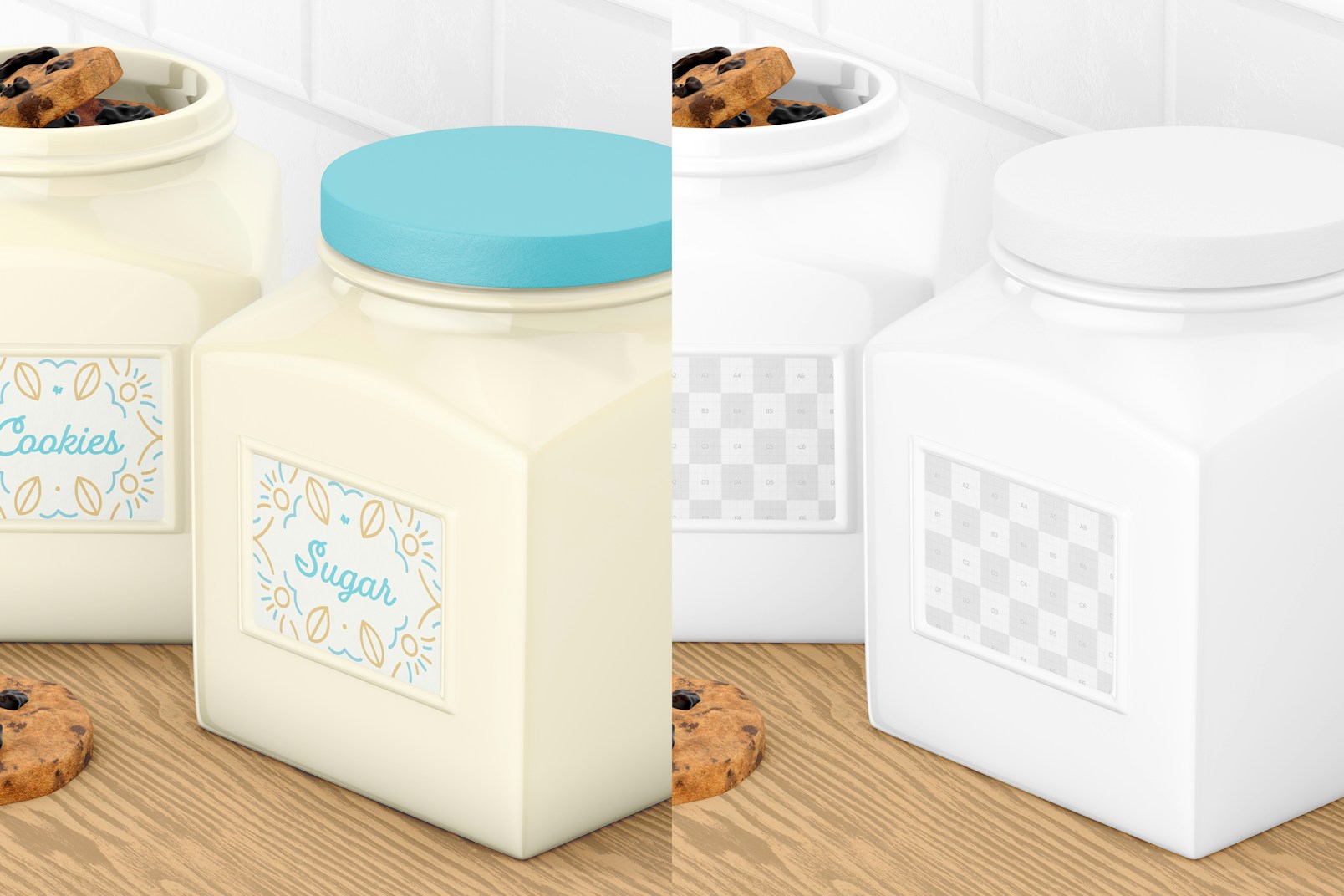 Square Ceramic Canisters Mockup, Close Up