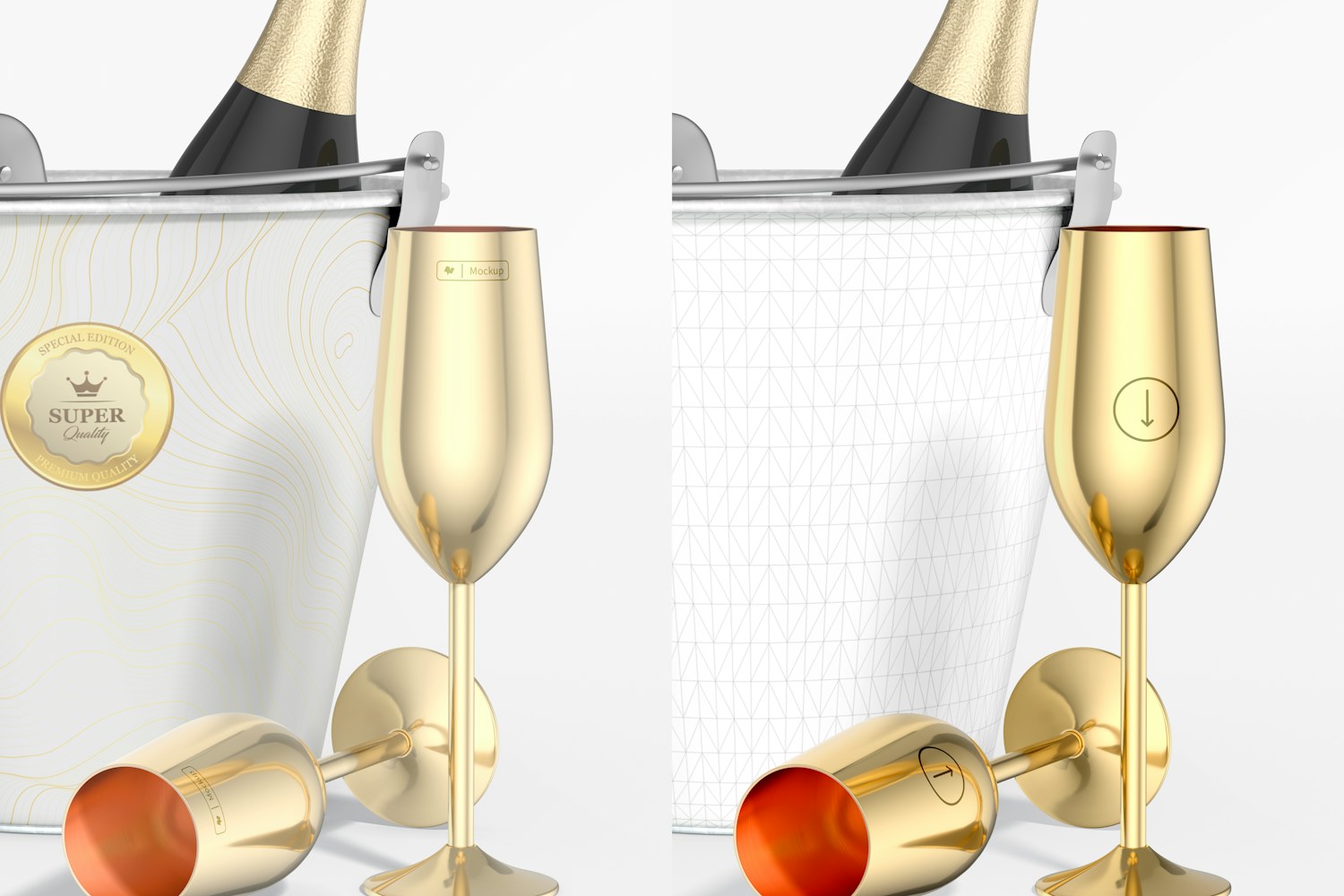 Stainless Steel Champagne Glasses Mockup, Standing and Dropped