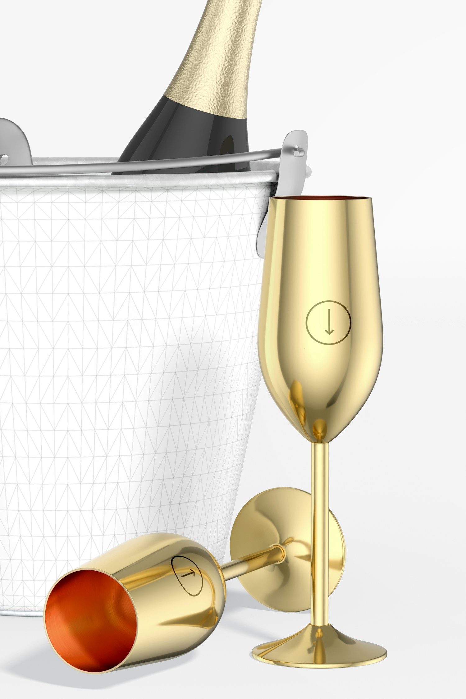 Stainless Steel Champagne Glasses Mockup, Standing and Dropped Stainless Steel Champagne Glasses Mockup, Standing and Dropped