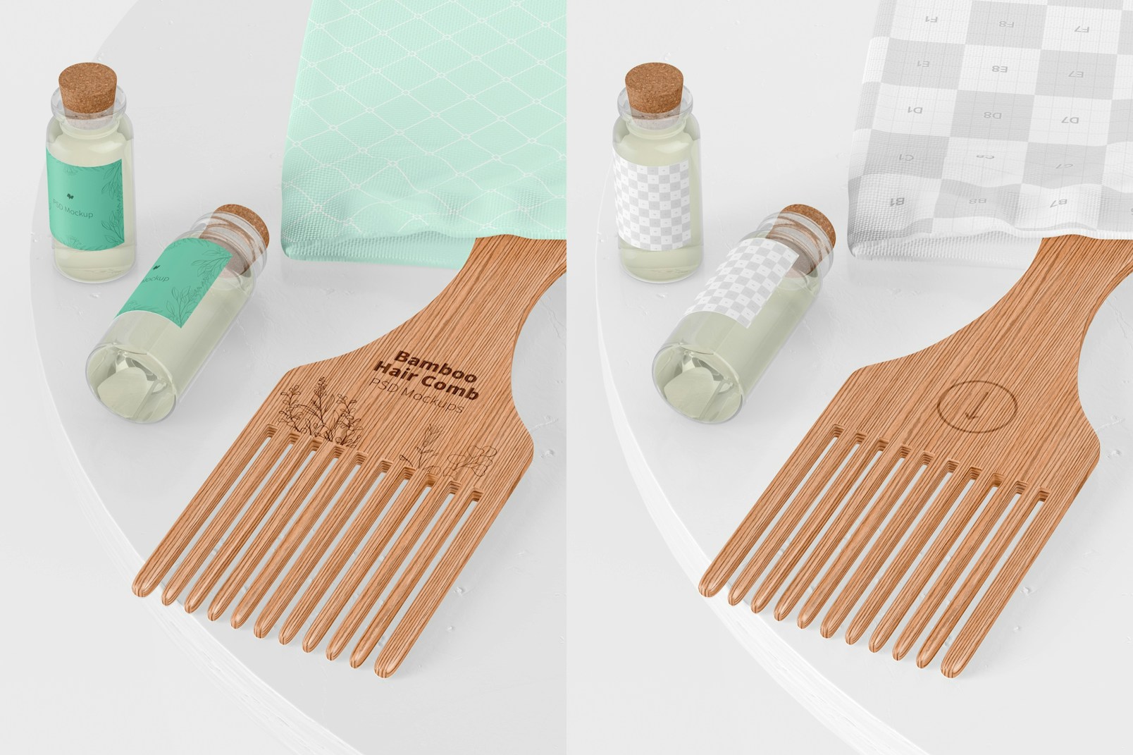 Bamboo Hair Comb with Glass Bottles Mockup