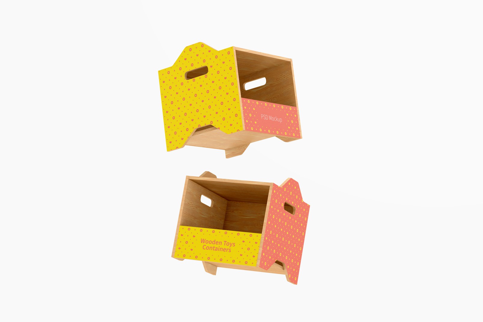 Wooden Toys Containers Mockup, Floating