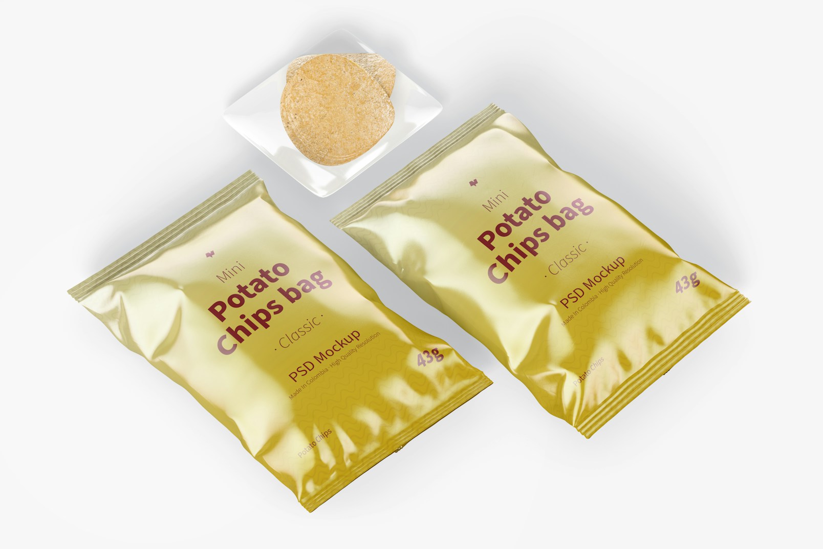 Glossy Mini Potato Chips Bags Mockup, Perspective View 02