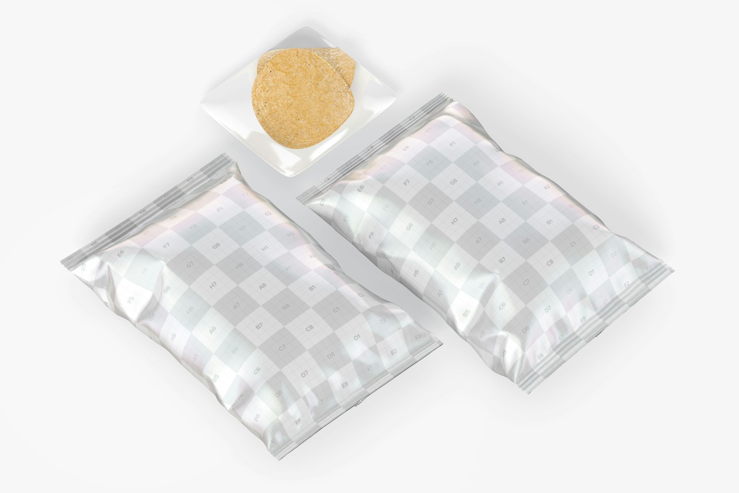Glossy Mini Potato Chips Bags Mockup, Perspective View 02